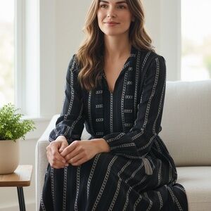 Michael Kors Black Long-Sleeve Knit Dress with white Stripe Accents